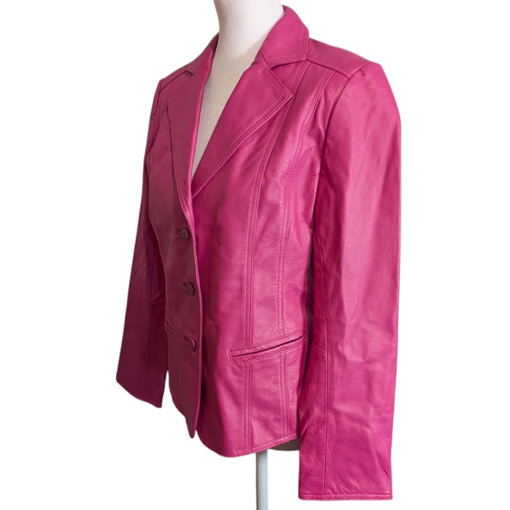 Vintage 90s Pamela McCoy Fuchsia Genuine Leather Jacket Blazer Style size Small - Picture 5 of 10